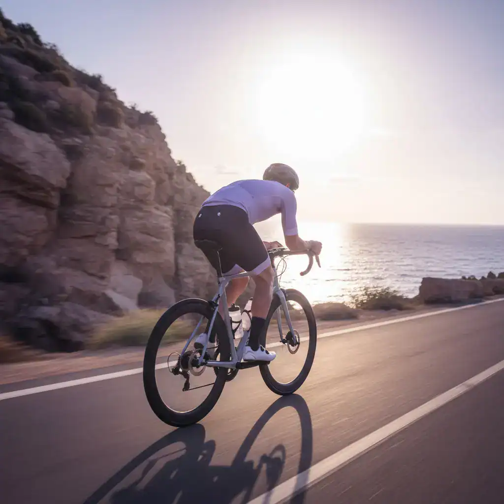 Radfahrer beim Training am Meer, gesunder Lifestyle, Ausdauer, Outdoor-Sport, Meerblick, Bewegung, Gesundheit, Sport im Freien, Natur, Meeresküste.