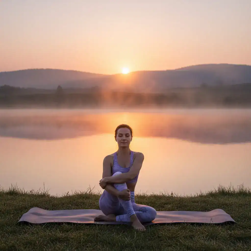Yoga Übung am See bei Sonnenaufgang, Entspannung und Gesundheit, Yoga Praxis für Wohlbefinden – Dr. Wilfried Materna, MBA.